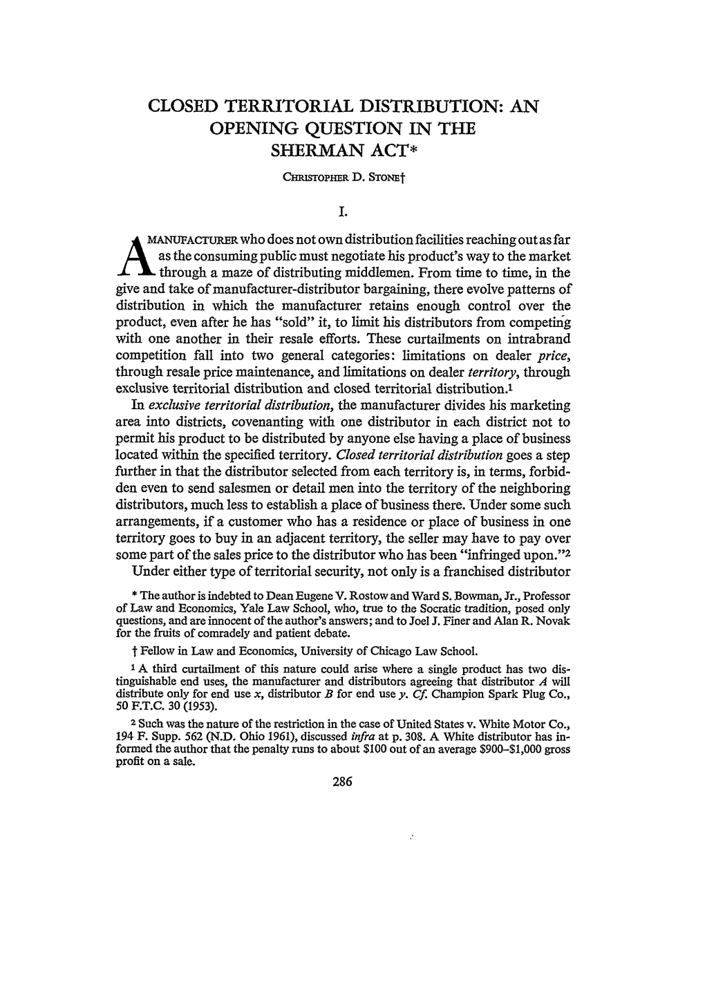 Closed Territorial Distribution: an Opening Question in the Sherman Act*