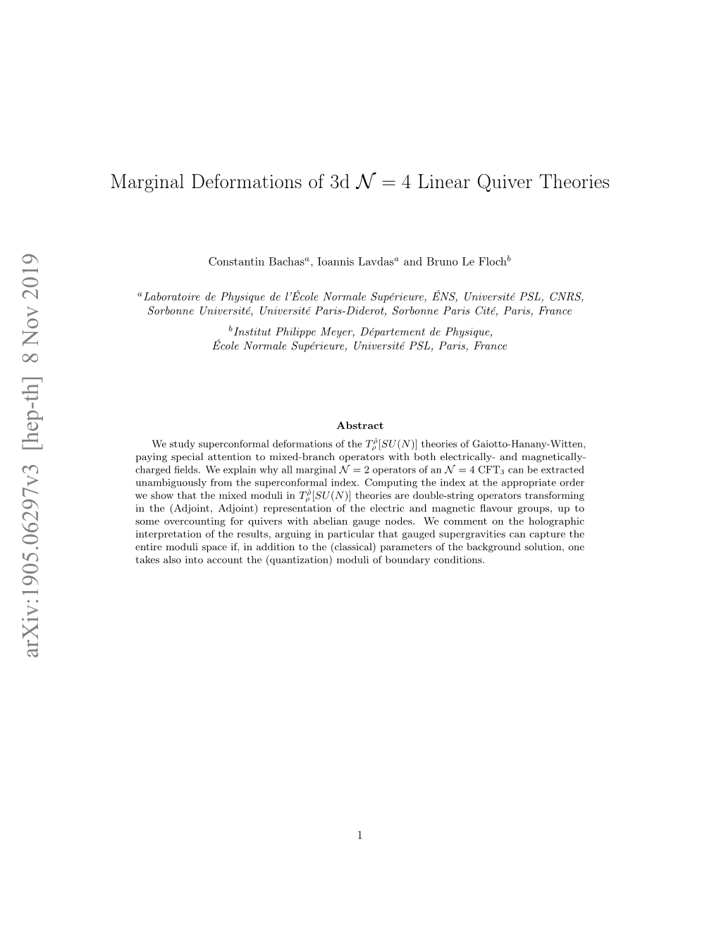 Marginal Deformations of 3D N=4 Linear Quiver Theories