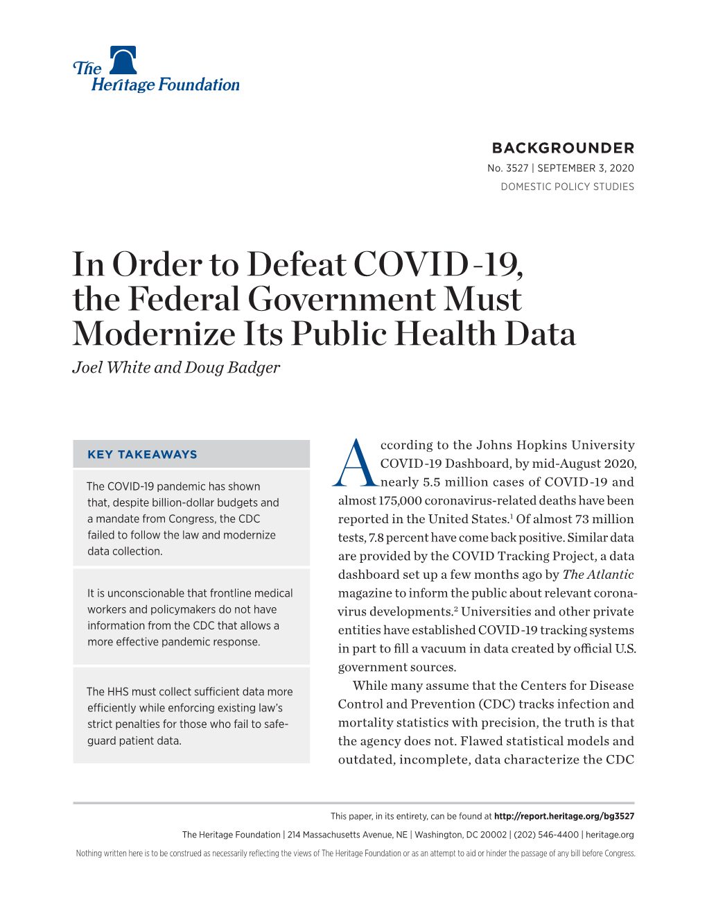 In Order to Defeat COVID-19, the Federal Government Must Modernize Its Public Health Data Joel White and Doug Badger