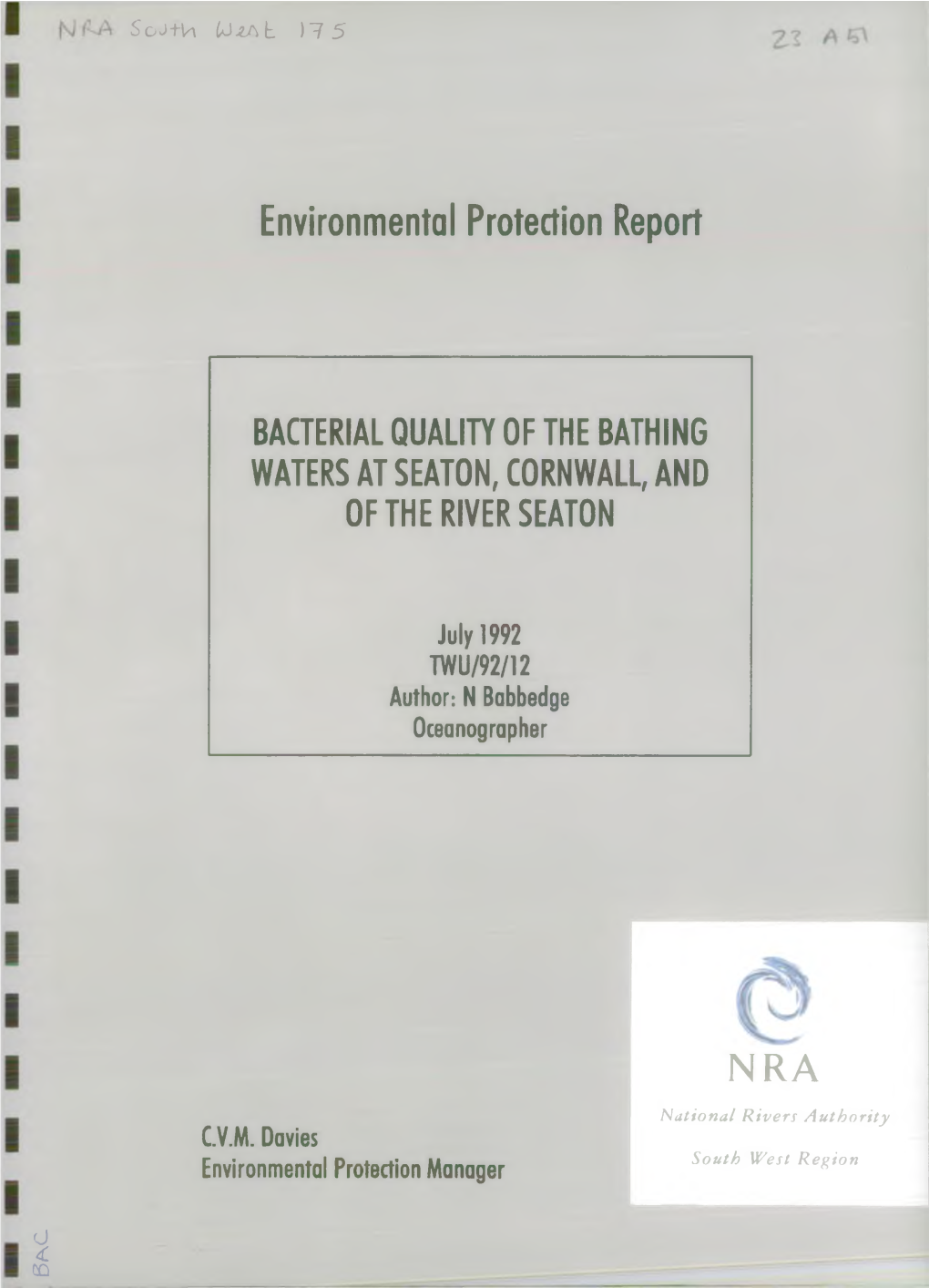 Bacterial Quality of the Bathing Waters at Seaton