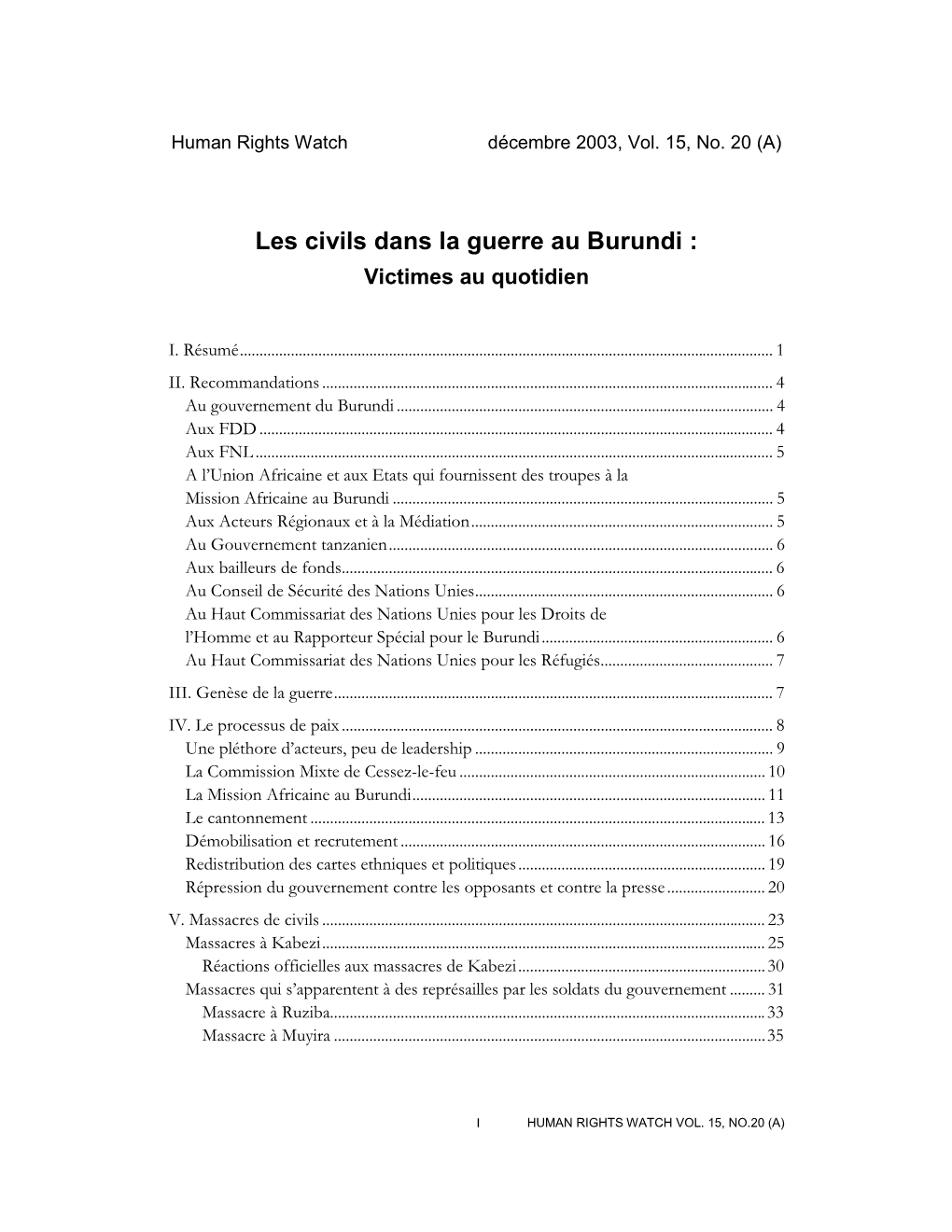 Les Civils Dans La Guerre Au Burundi : Victimes Au Quotidien