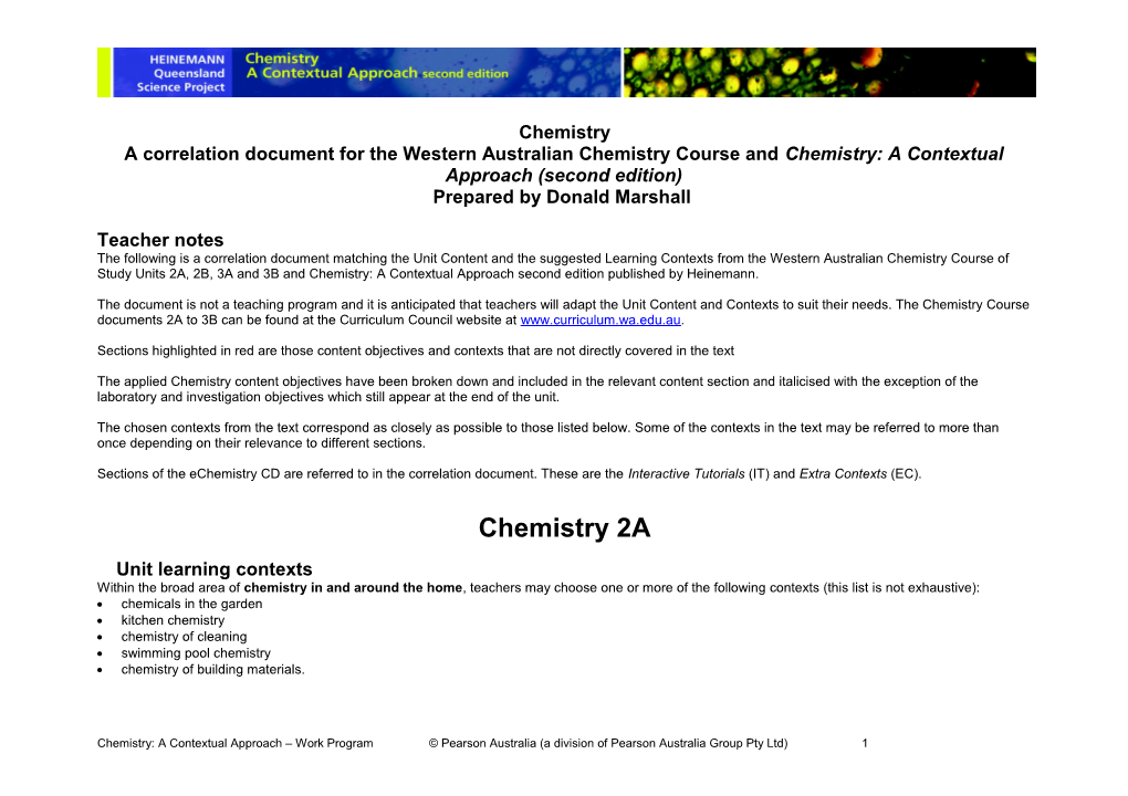 A Correlation Document for the Western Australian Chemistry Course and Chemistry: a Contextual