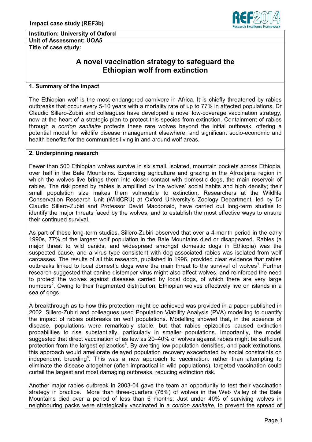 A Novel Vaccination Strategy to Safeguard the Ethiopian Wolf from Extinction