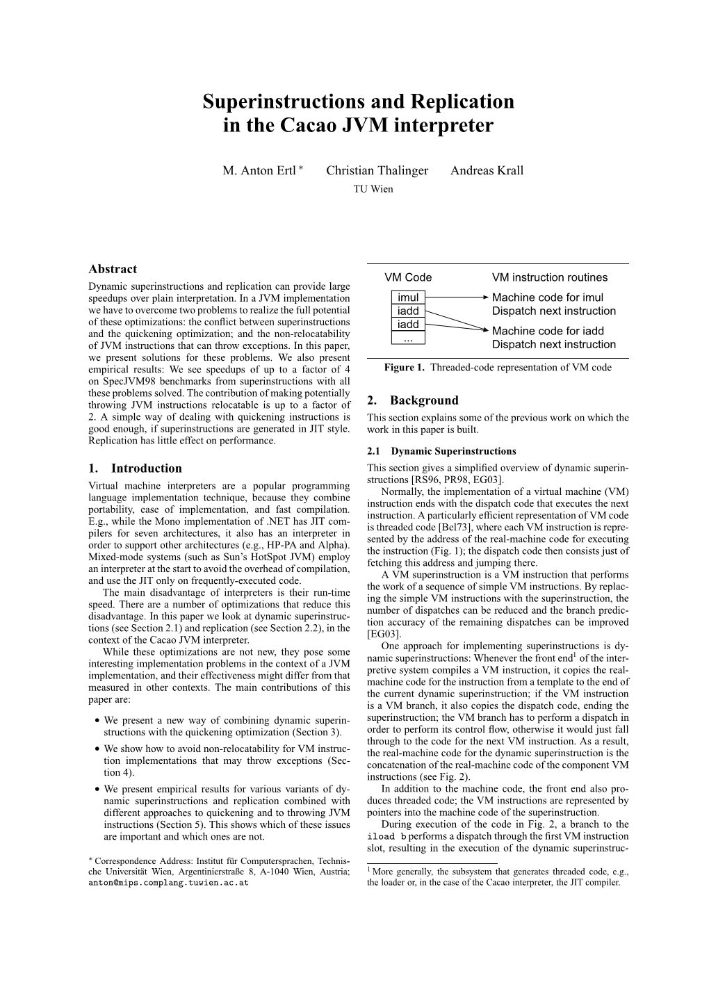 Superinstructions and Replication in the Cacao JVM Interpreter