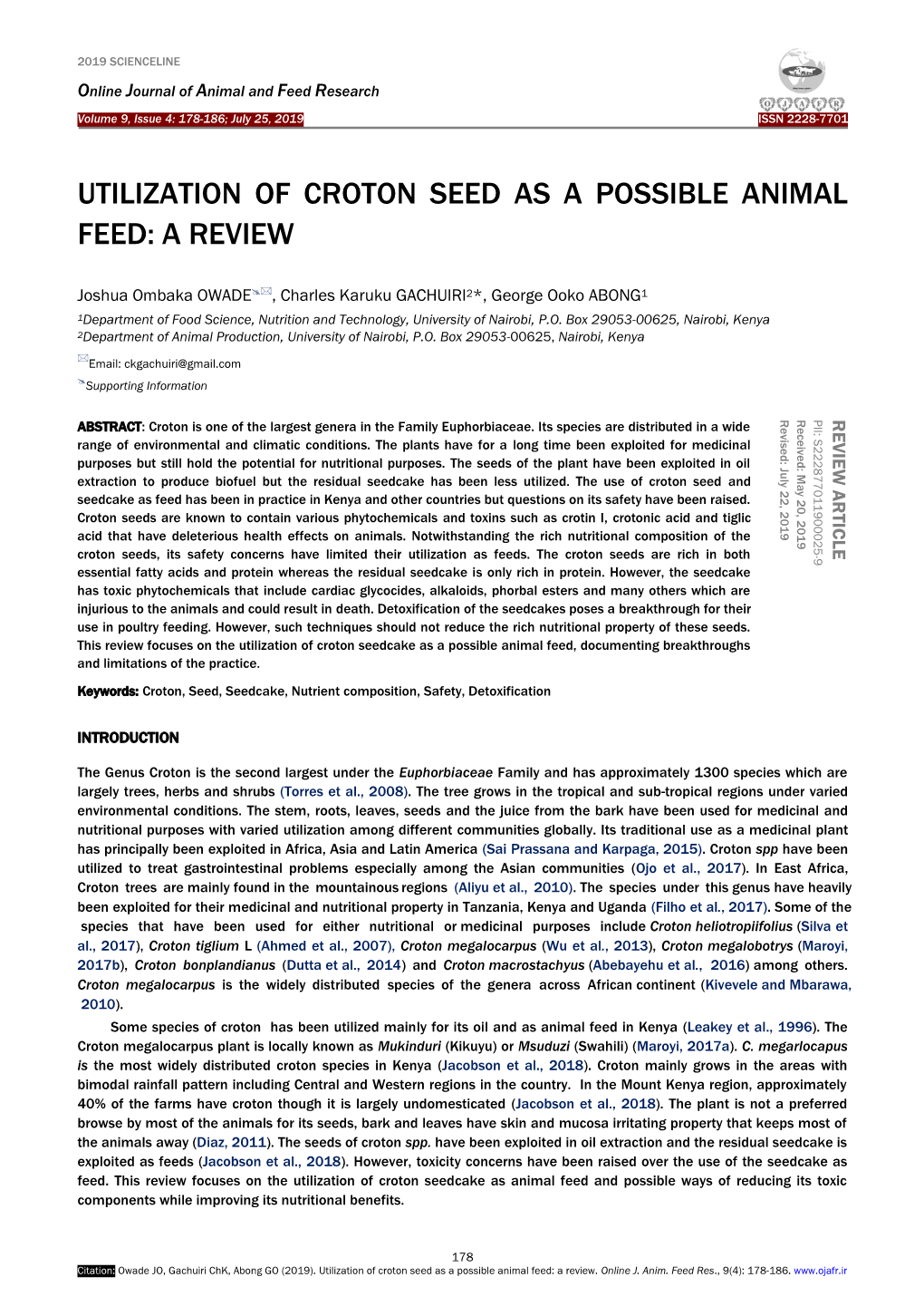 Utilization of Croton Seed As a Possible Animal Feed: a Review. Online J. Anim. Feed Res., 9(4): 178-186
