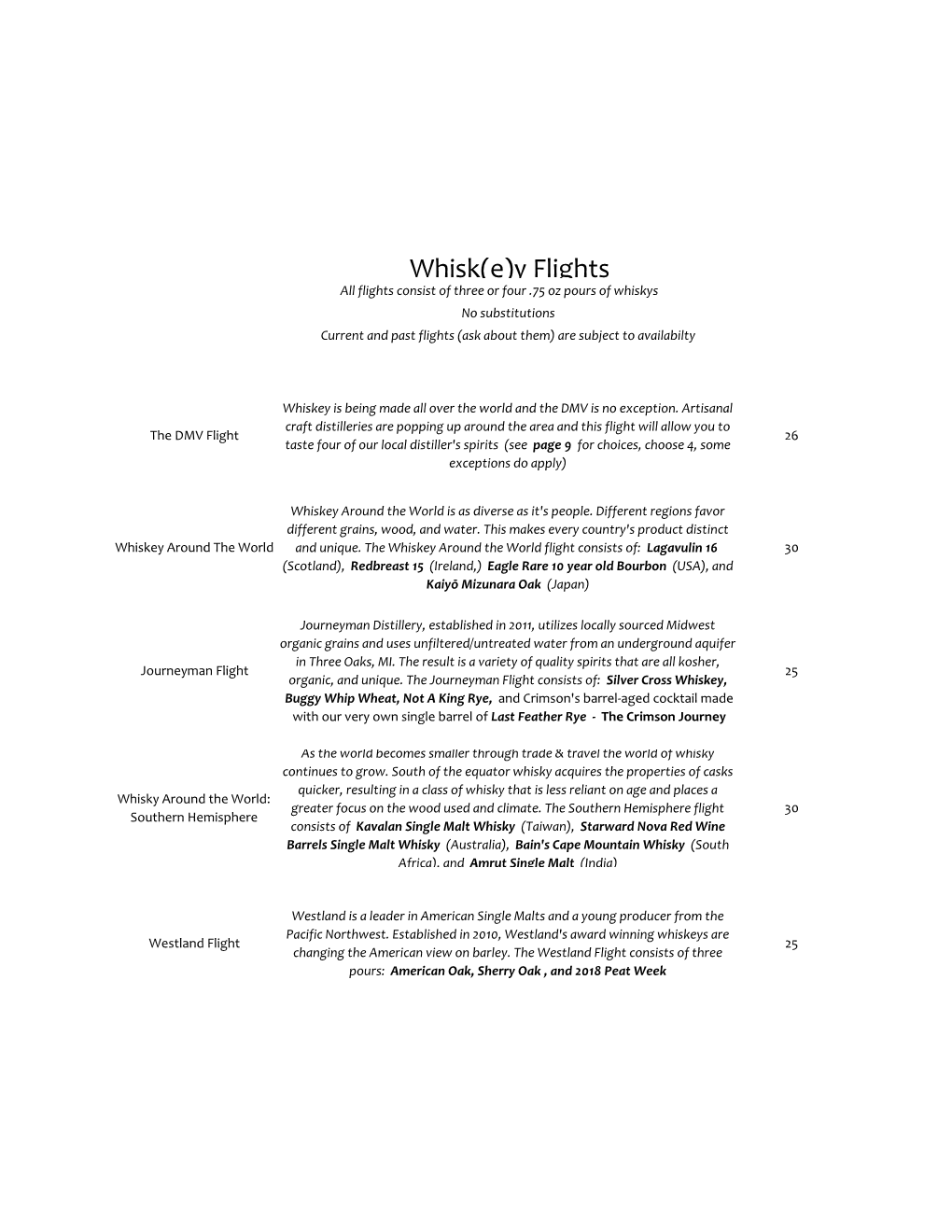 Whisk(E)Y Flights All Flights Consist of Three Or Four .75 Oz Pours of Whiskys No Substitutions Current and Past Flights (Ask About Them) Are Subject to Availabilty