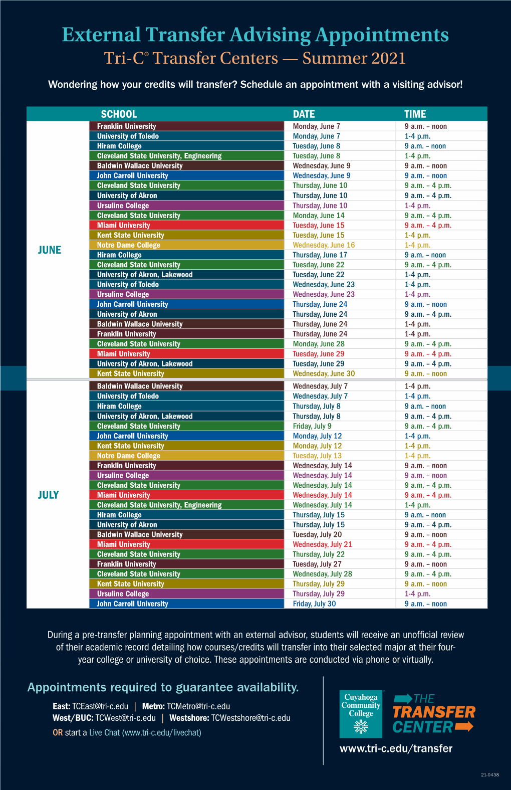 Transfer Center Virtual College Visits Summer 2021 Poster