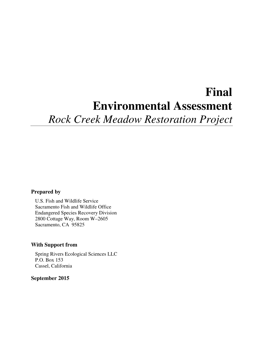 Final Environmental Assessment Rock Creek Meadow Restoration Project