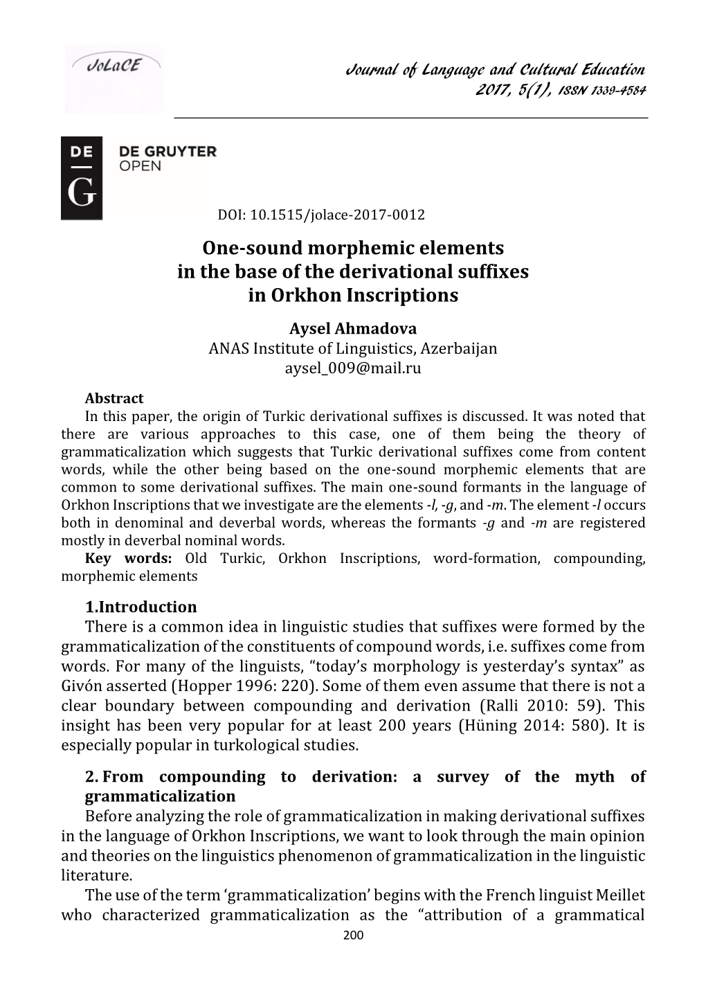 One-Sound Morphemic Elements in the Base of the Derivational Suffixes