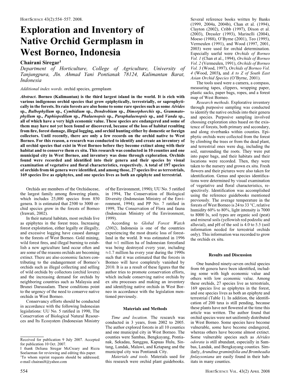 Exploration and Inventory of Native Orchid Germplasm in West Borneo, Indonesia