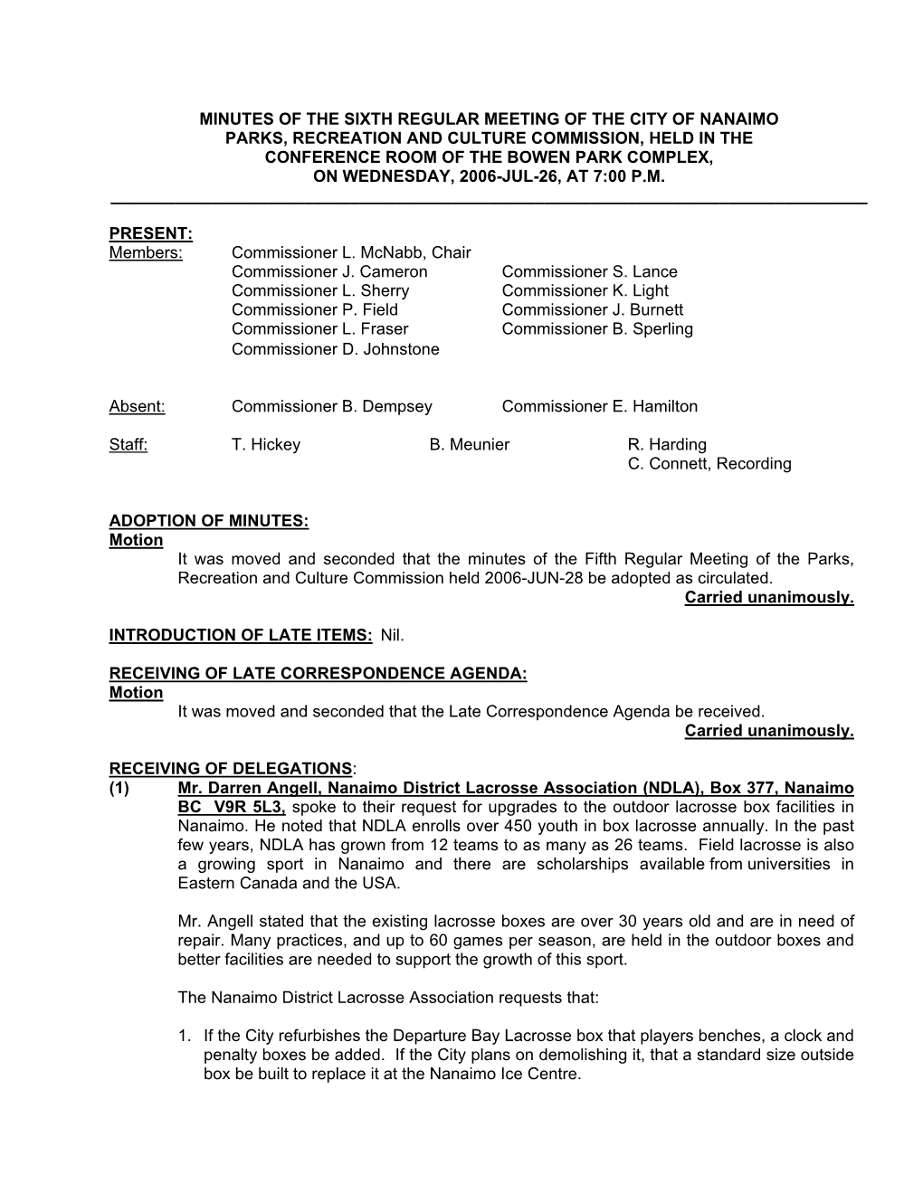 PRCC MINUTES for 2006-JUL-26