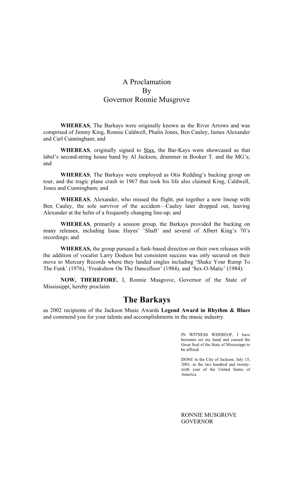 A Proclamation by Governor Ronnie Musgrove