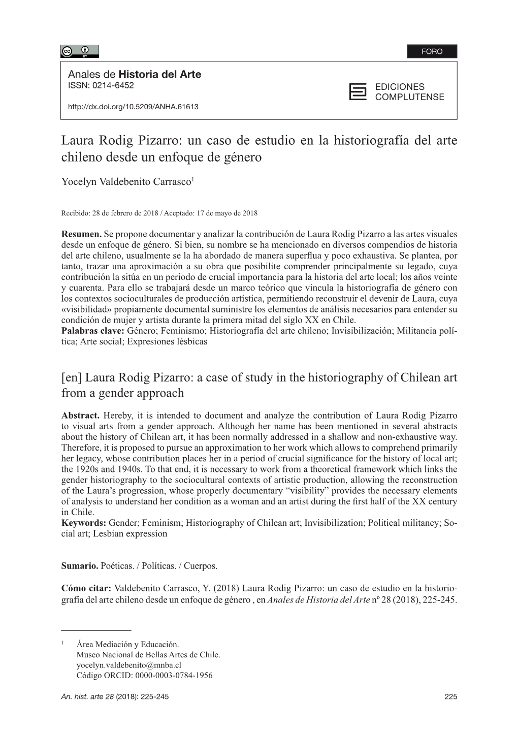 Laura Rodig Pizarro: Un Caso De Estudio En La Historiografía Del Arte Chileno Desde Un Enfoque De Género