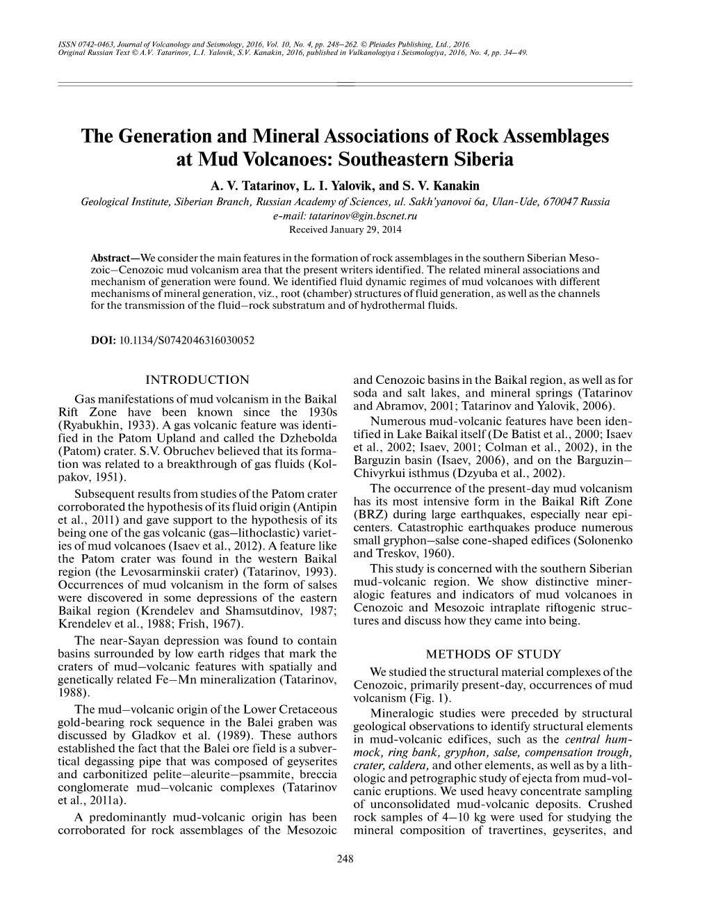 The Generation and Mineral Associations of Rock Assemblages at Mud Volcanoes: Southeastern Siberia A