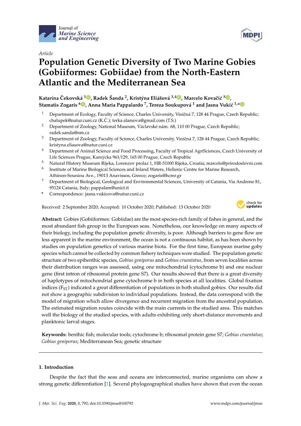 Population Genetic Diversity of Two Marine Gobies (Gobiiformes: Gobiidae) from the North-Eastern Atlantic and the Mediterranean Sea