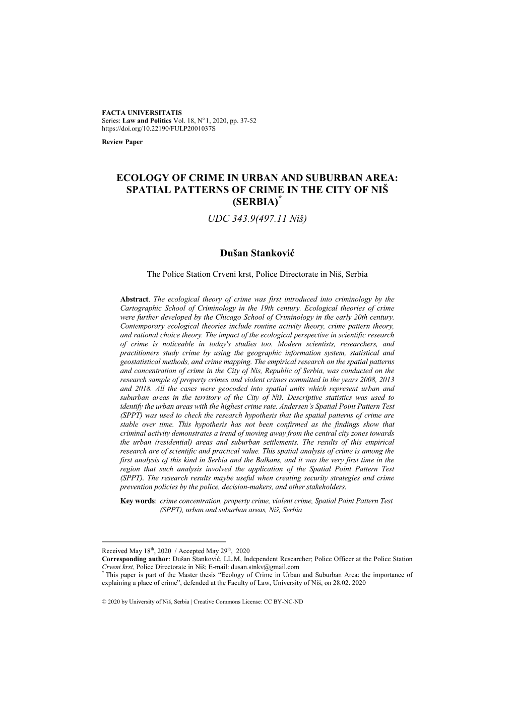 SPATIAL PATTERNS of CRIME in the CITY of NIŠ * (SERBIA) UDC 343.9(497.11 Niš)