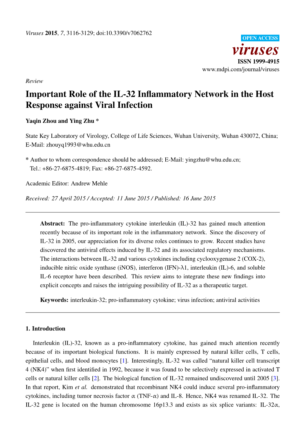 Important Role of the IL-32 Inflammatory Network in the Host Response Against Viral Infection