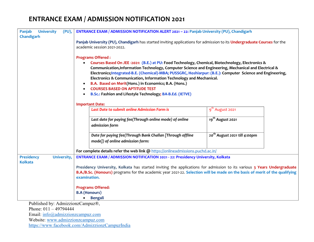 Entrance Exam / Admission Notification 2021