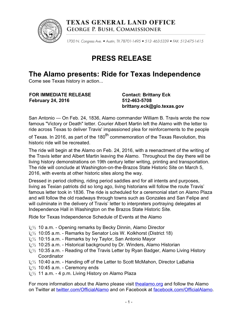 PRESS RELEASE the Alamo Presents: Ride for Texas Independence