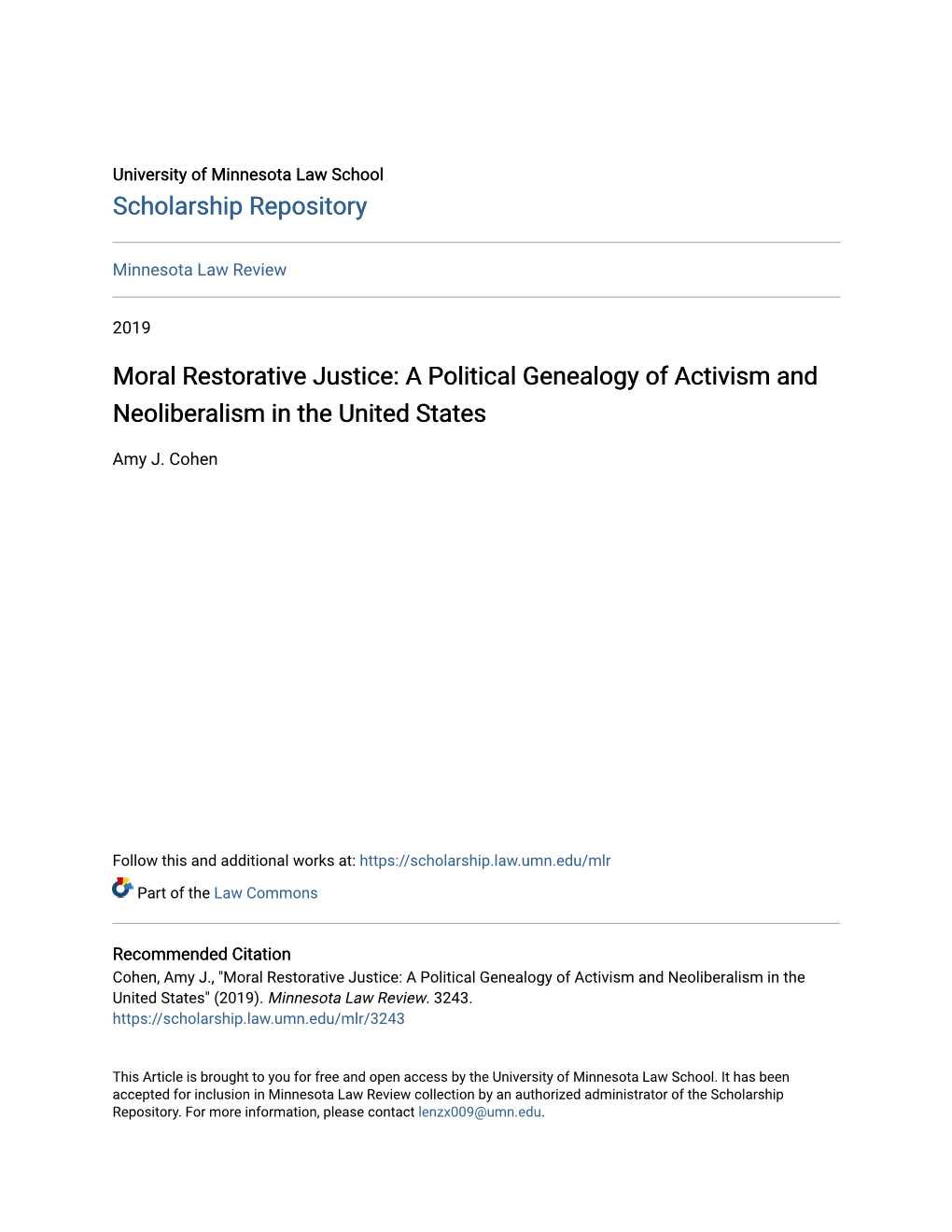 Moral Restorative Justice: a Political Genealogy of Activism and Neoliberalism in the United States