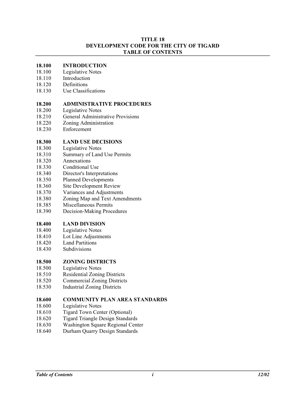 Title 18 Development Code for the City of Tigard Table of Contents