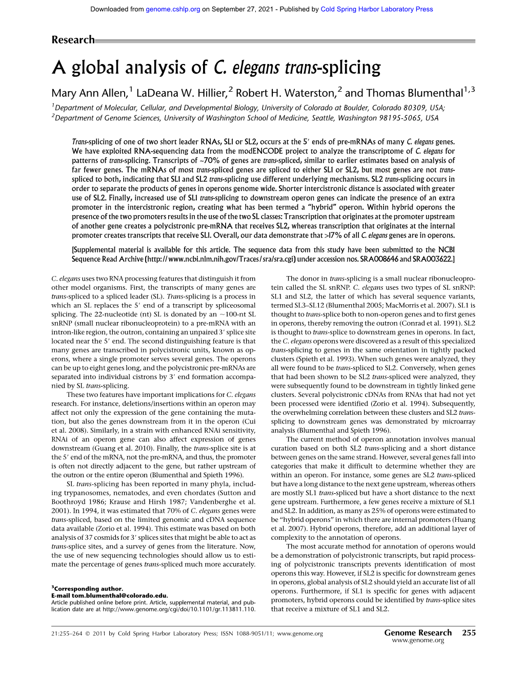 A Global Analysis of C. Elegans Trans-Splicing