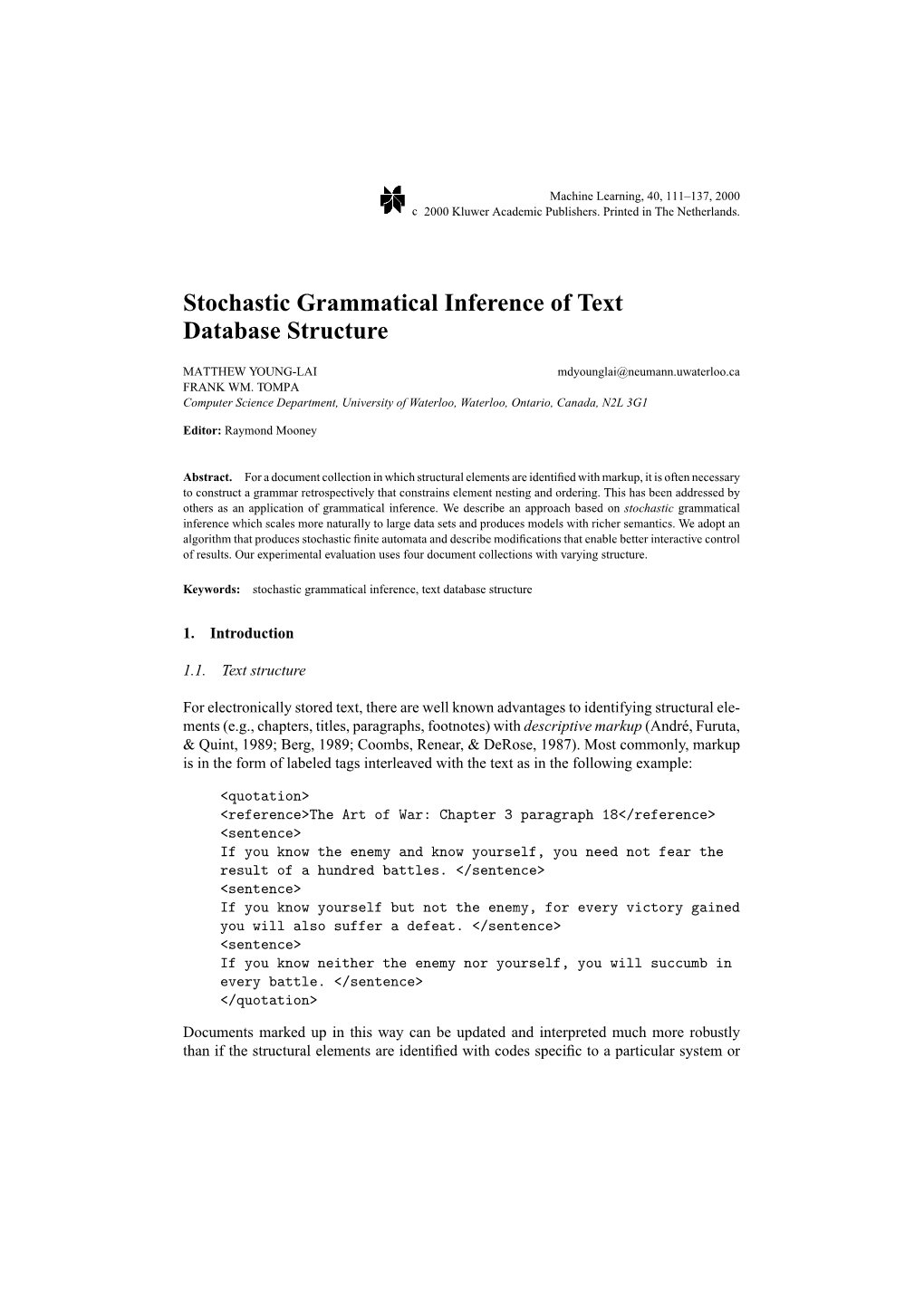 Stochastic Grammatical Inference of Text Database Structure