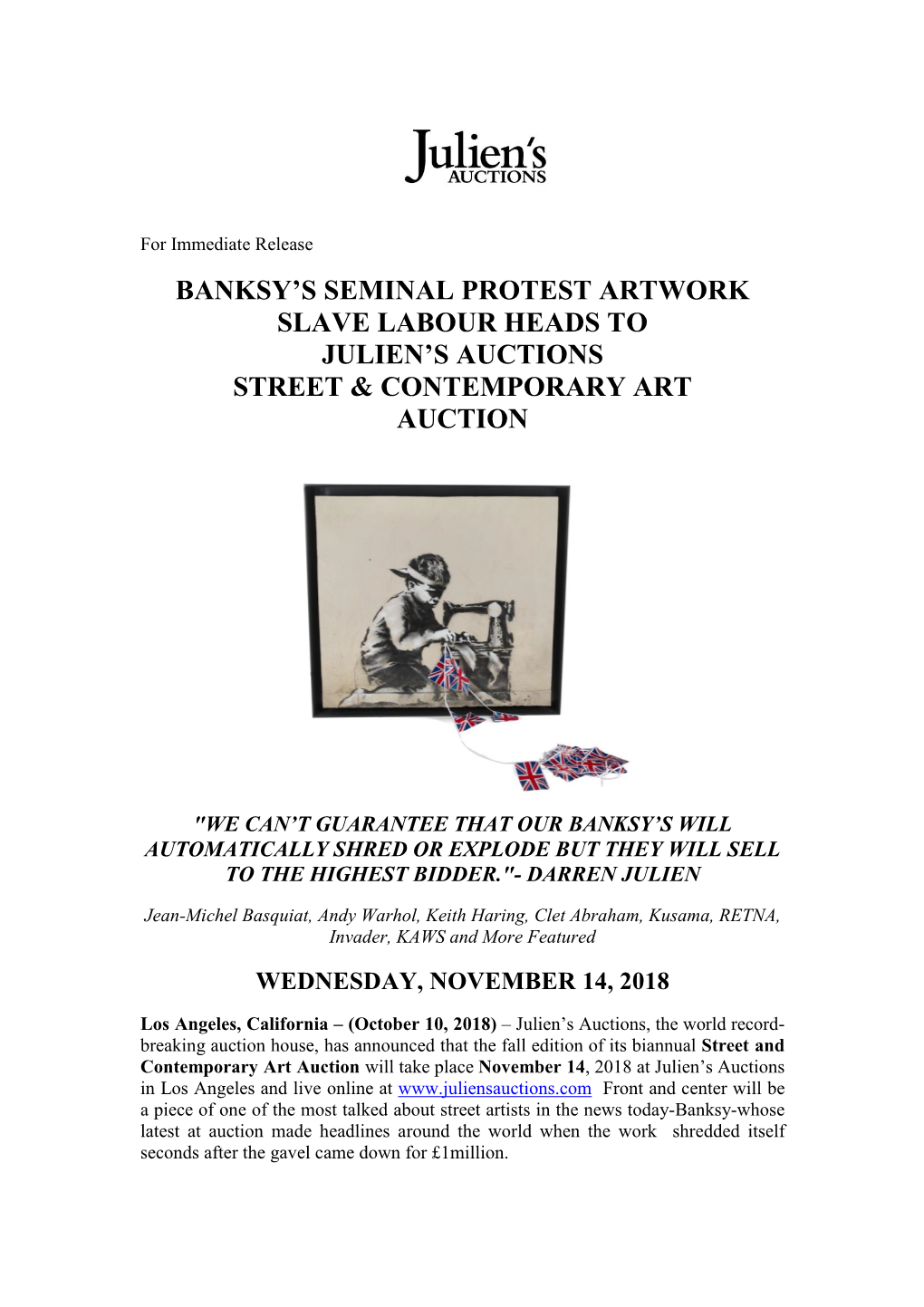 Banksy's Seminal Protest Artwork Slave Labour Heads to Julien's Auctions