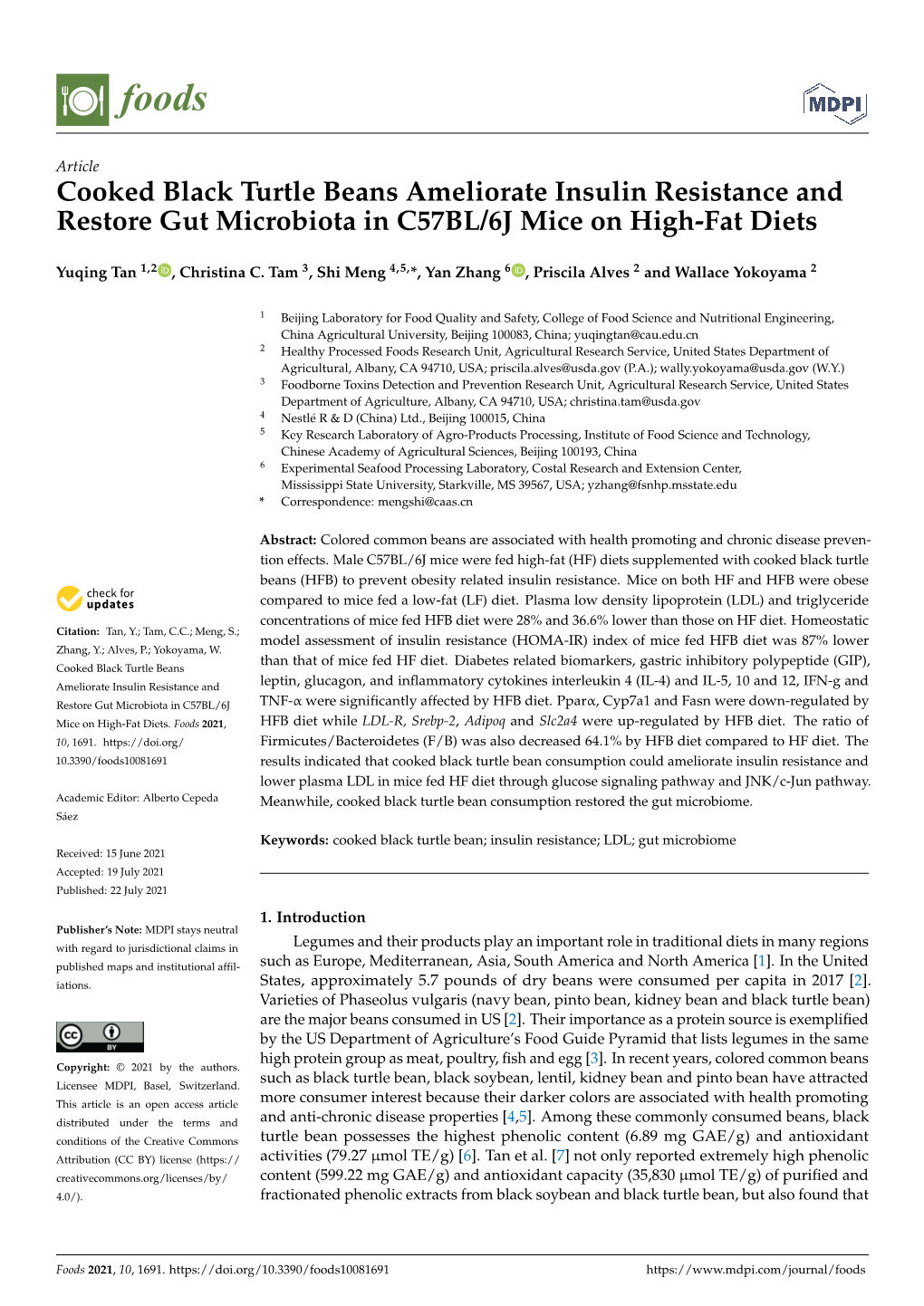 Cooked Black Turtle Beans Ameliorate Insulin Resistance and Restore Gut Microbiota in C57BL/6J Mice on High-Fat Diets