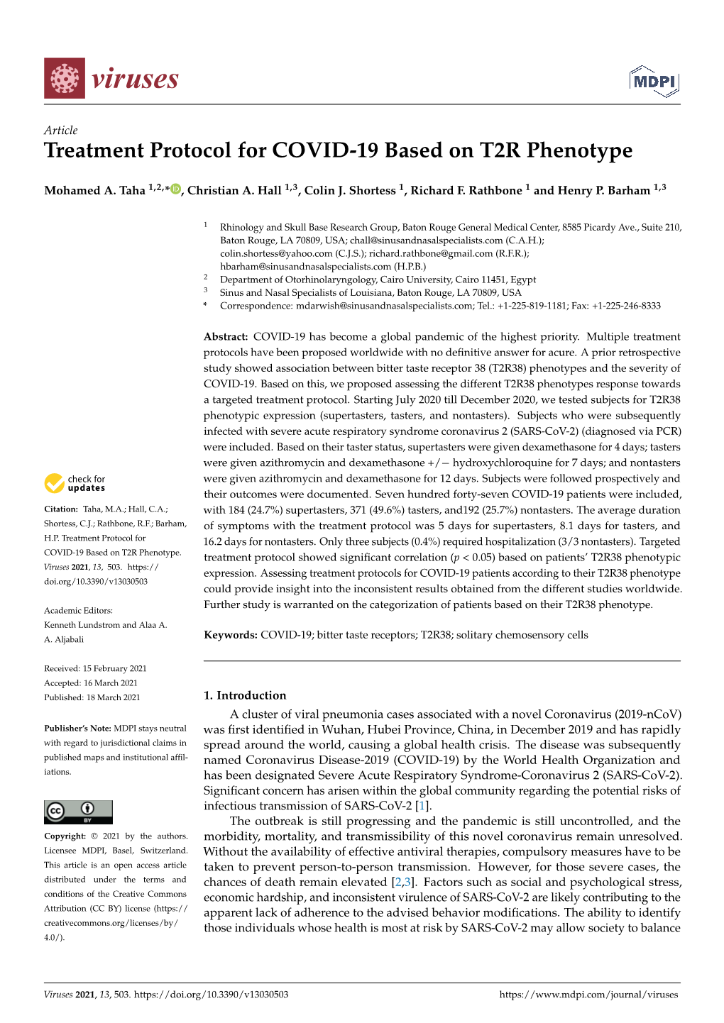 Treatment Protocol for COVID-19 Based on T2R Phenotype