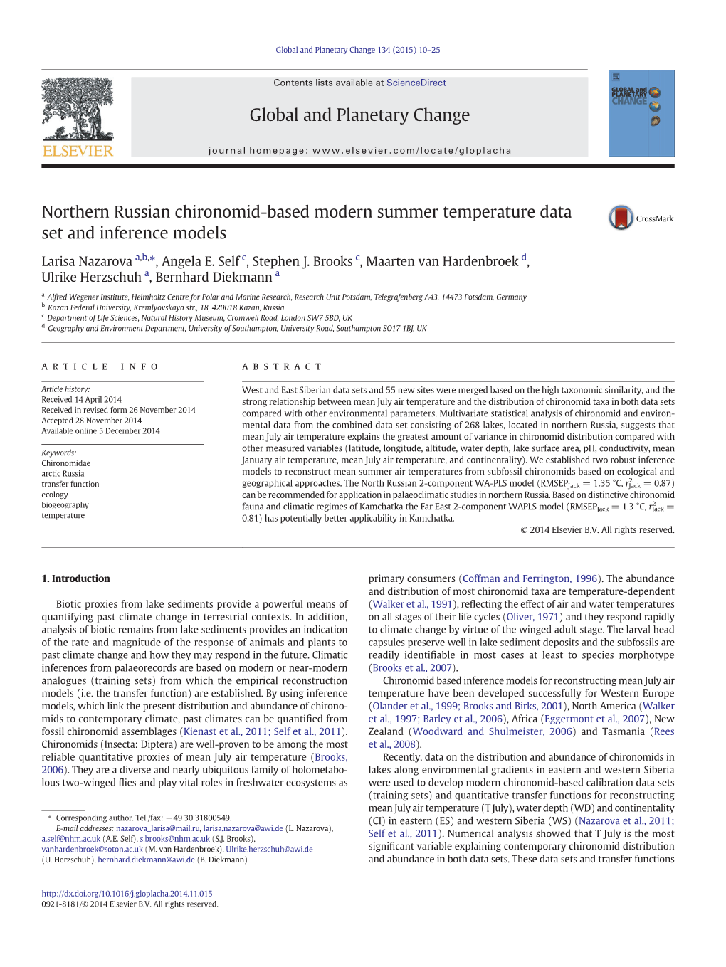 Northern Russian Chironomid-Based Modern Summer Temperature Data Set and Inference Models