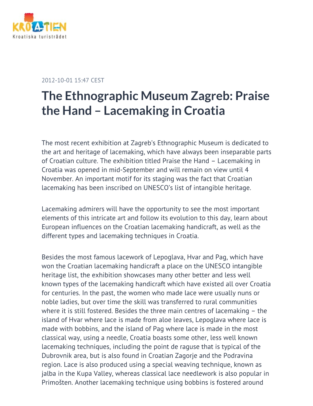 The Ethnographic Museum Zagreb: Praise the Hand – Lacemaking in Croatia