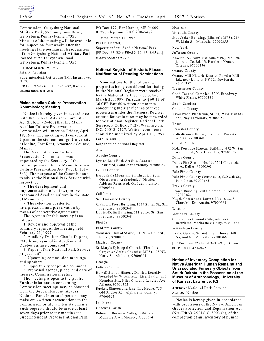 Federal Register / Vol. 62, No. 62 / Tuesday, April 1, 1997 / Notices