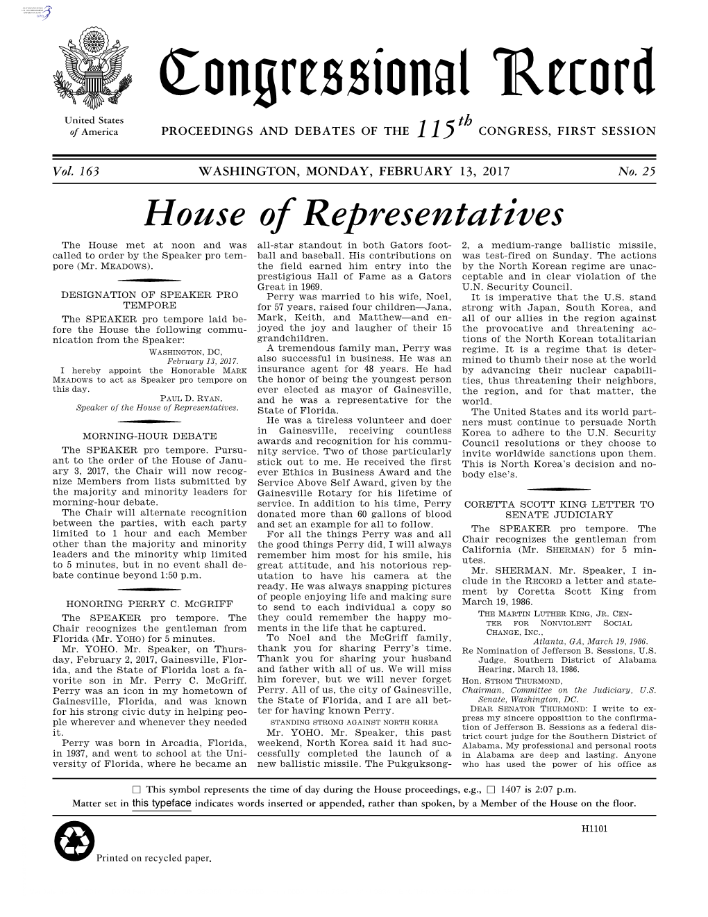 Congressional Record United States Th of America PROCEEDINGS and DEBATES of the 115 CONGRESS, FIRST SESSION