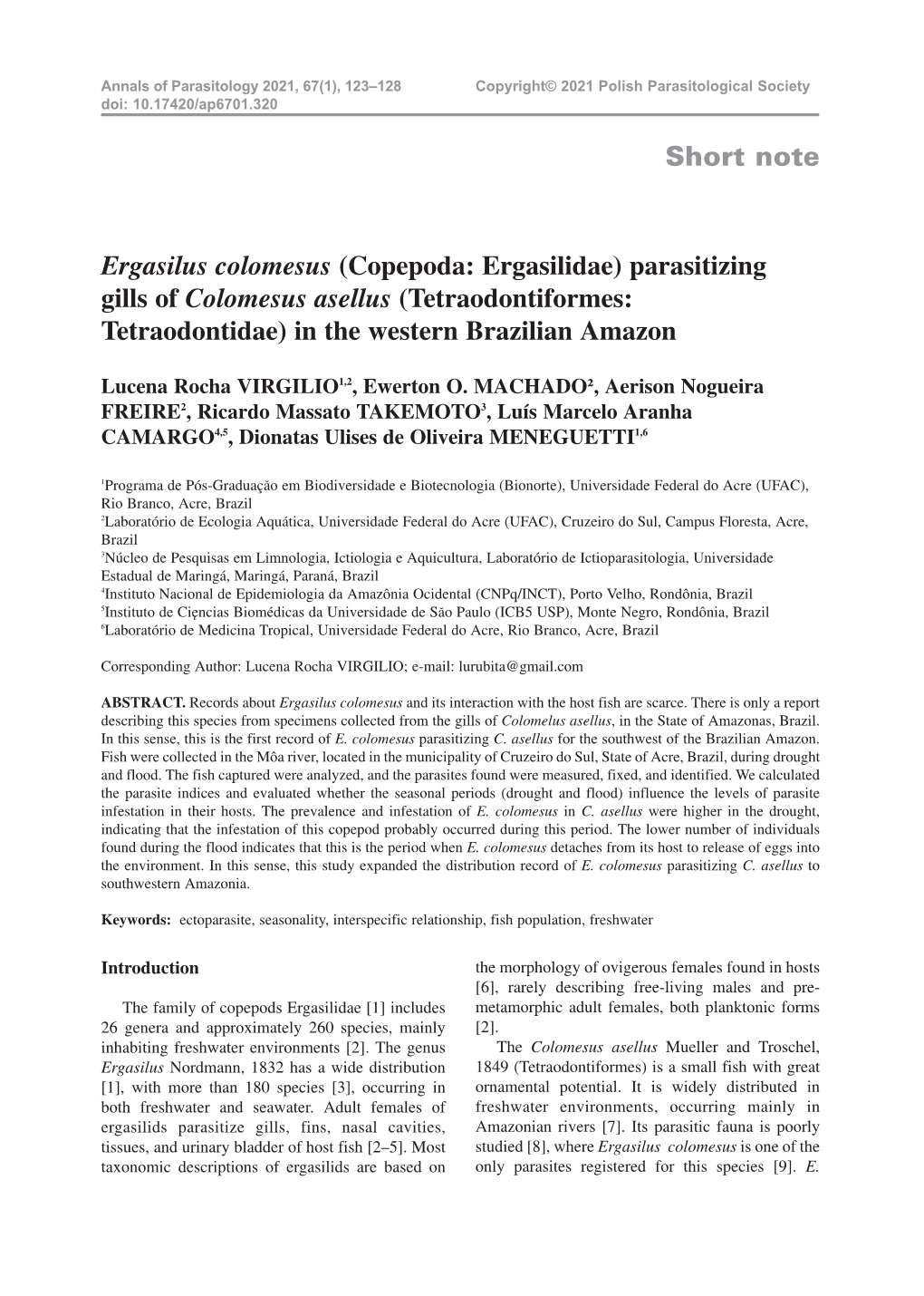 (Copepoda: Ergasilidae) Parasitizing Gills of Colomesus Asellus (Tetraodontiformes: Tetraodontidae) in the Western Brazilian Amazon