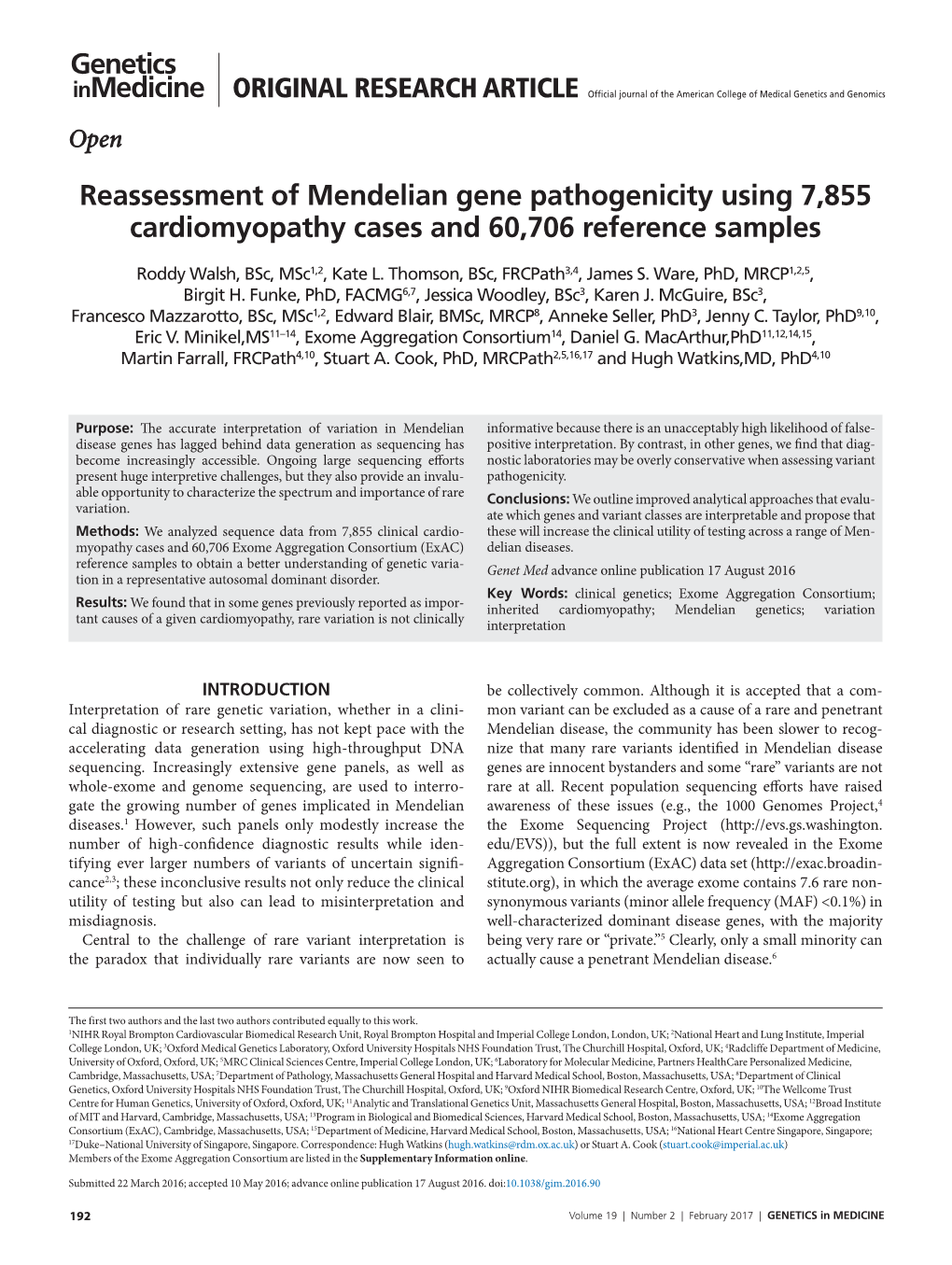Reassessment of Mendelian Gene Pathogenicity Using 7,855 Cardiomyopathy Cases and 60,706 Reference Samples
