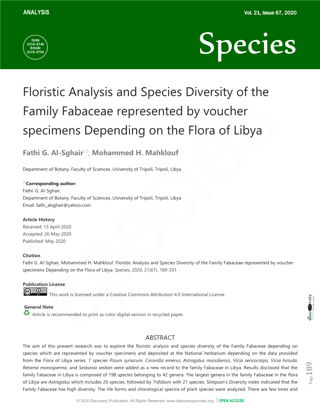 Floristic Analysis and Species Diversity of the Family Fabaceae Represented by Voucher Specimens Depending on the Flora of Libya