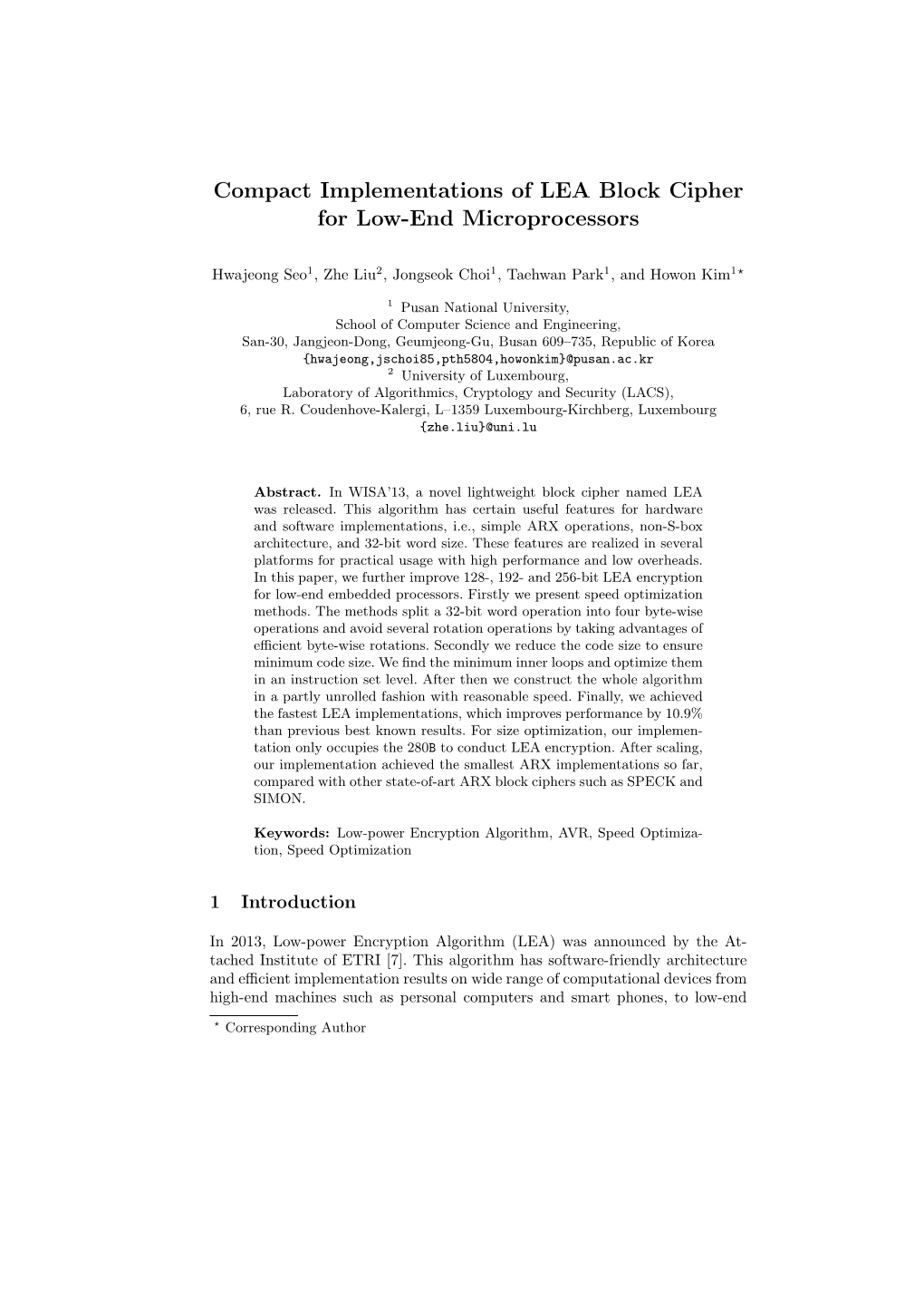 Compact Implementations of LEA Block Cipher for Low-End Microprocessors