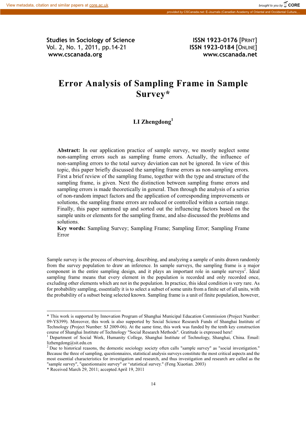 Error Analysis of Sampling Frame in Sample Survey*