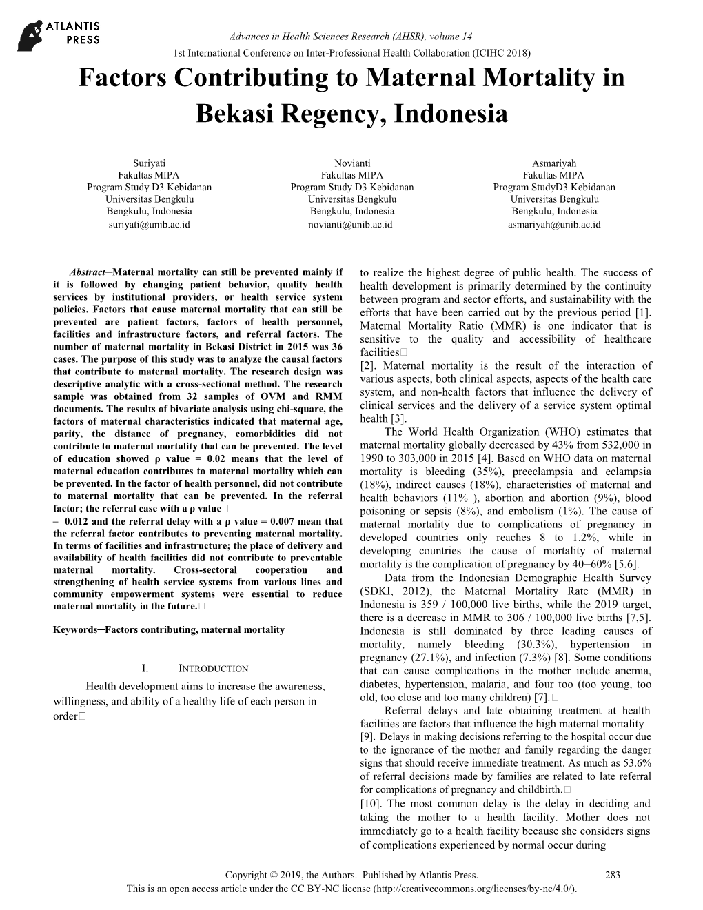 Factors Contributing to Maternal Mortality in Bekasi Regency, Indonesia