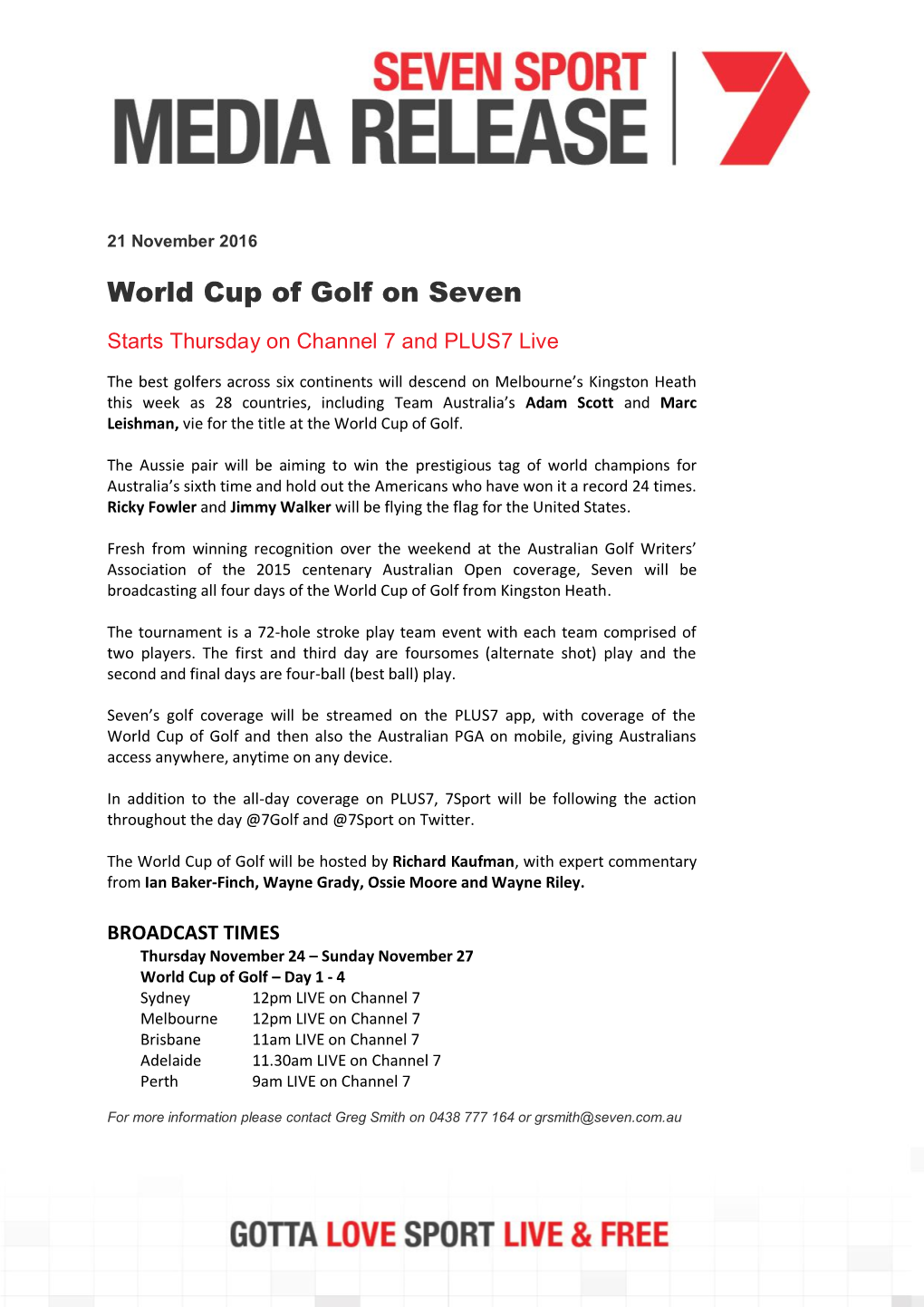 World Cup of Golf on Seven