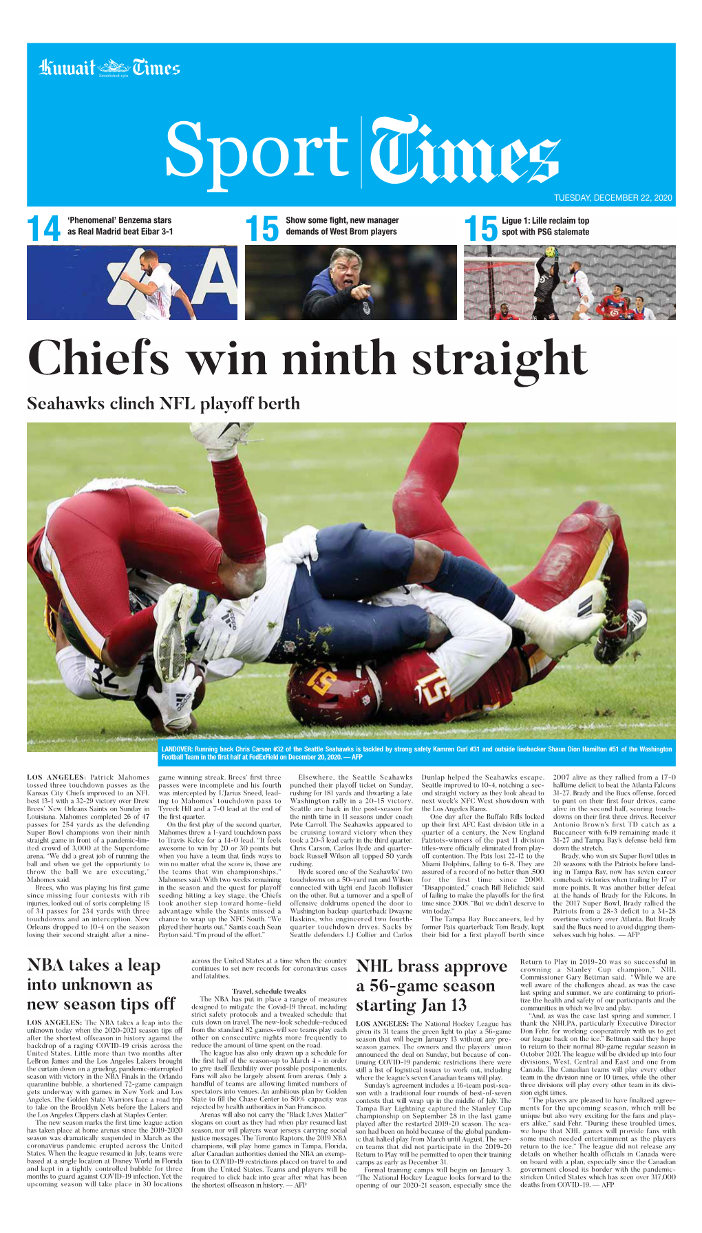 Chiefs Win Ninth Straight Seahawks Clinch NFL Playoff Berth