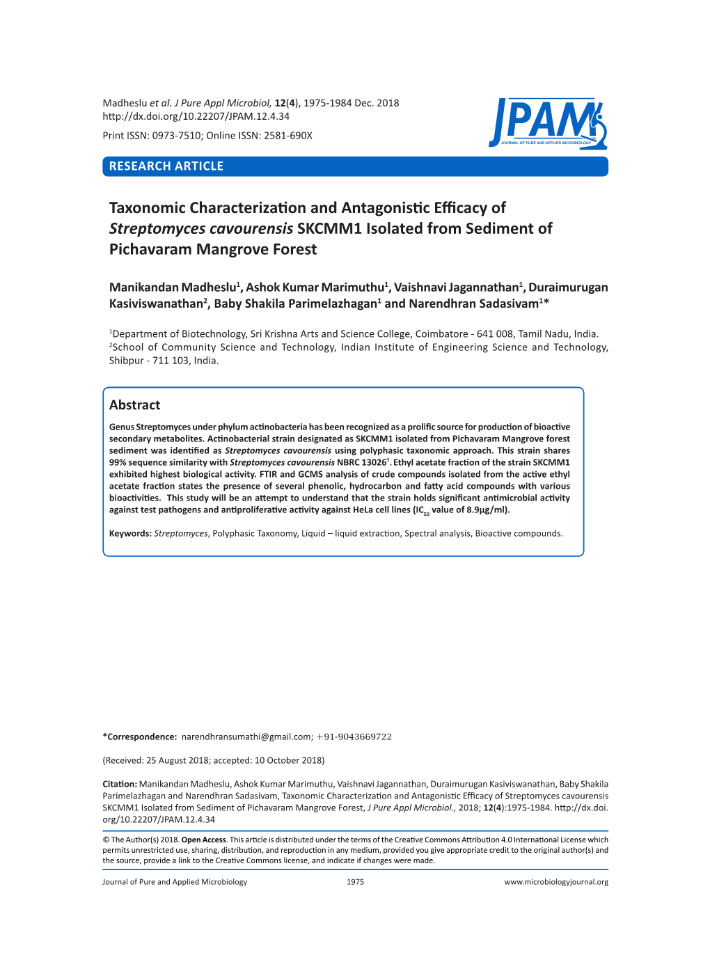 Taxonomic Characterization and Antagonistic Efficacy of Streptomyces Cavourensis SKCMM1 Isolated from Sediment of Pichavaram Mangrove Forest