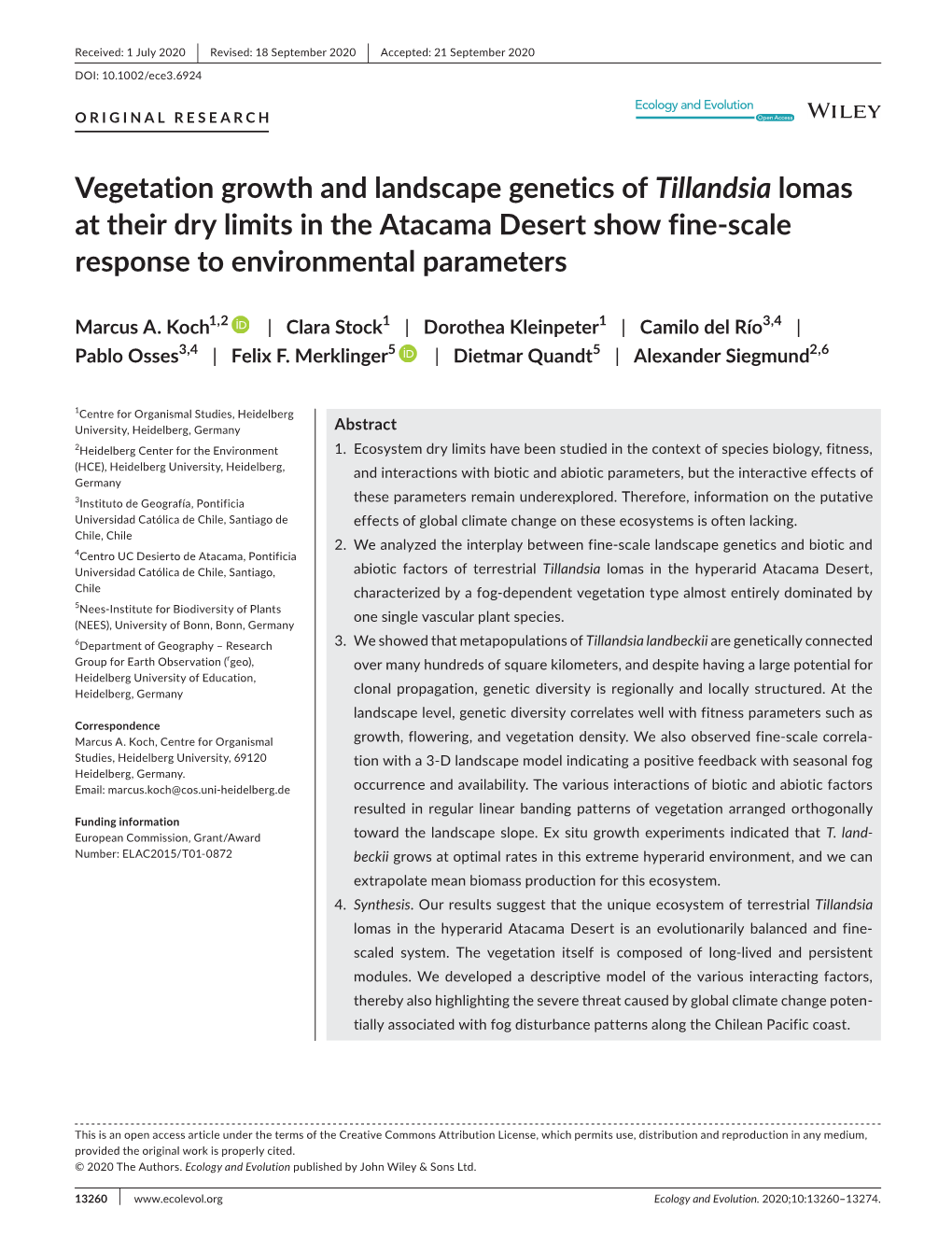 Vegetation Growth and Landscape Genetics of Tillandsia Lomas at Their Dry Limits in the Atacama Desert Show Fine-Scale Response to Environmental Parameters