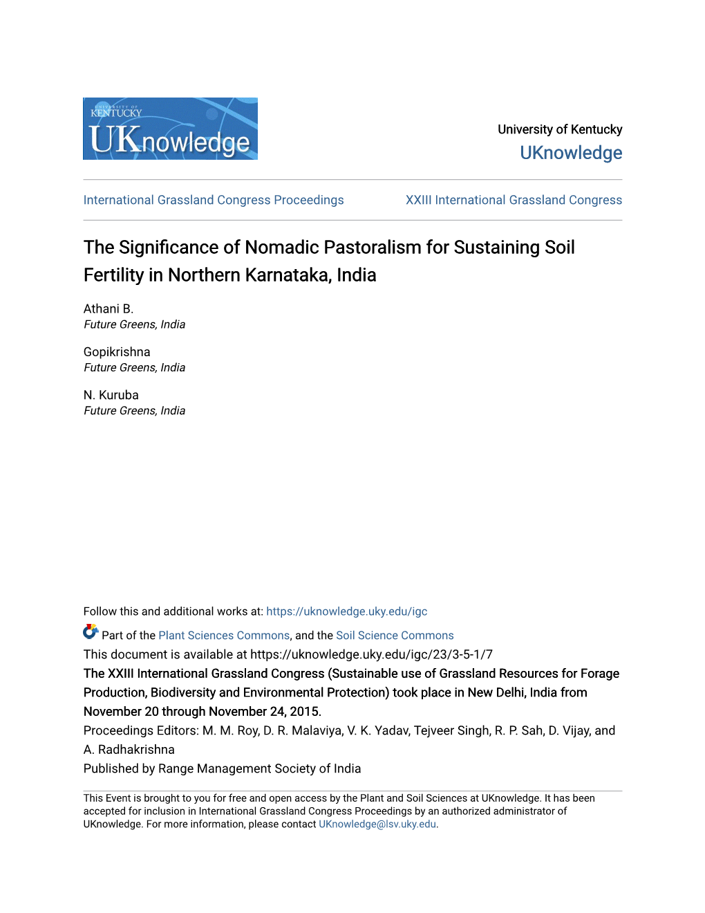 The Significance of Nomadic Pastoralism for Sustaining Soil Fertility in Northern Karnataka, India