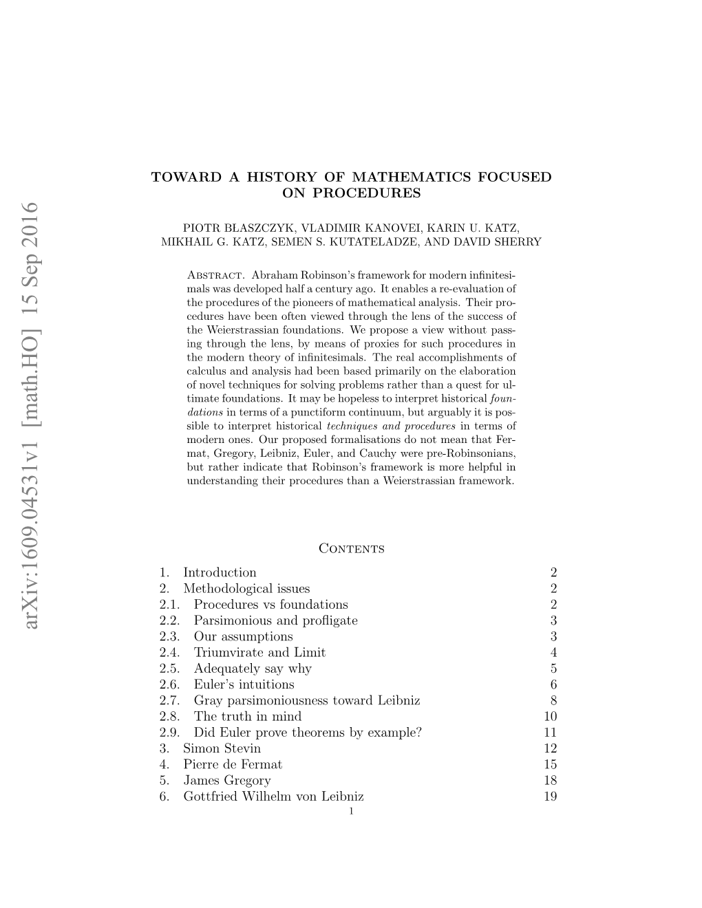 Arxiv:1609.04531V1 [Math.HO] 15 Sep 2016 OADAHSOYO AHMTC FOCUSED MATHEMATICS of HISTORY a TOWARD .Gtfidwlemvnlinz19 11 8 3 2 Leibniz Von Wilhelm Gottfried Gregory 6