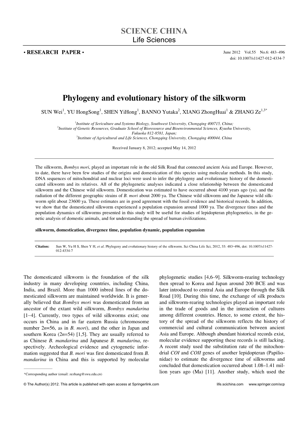 SCIENCE CHINA Phylogeny and Evolutionary History of the Silkworm