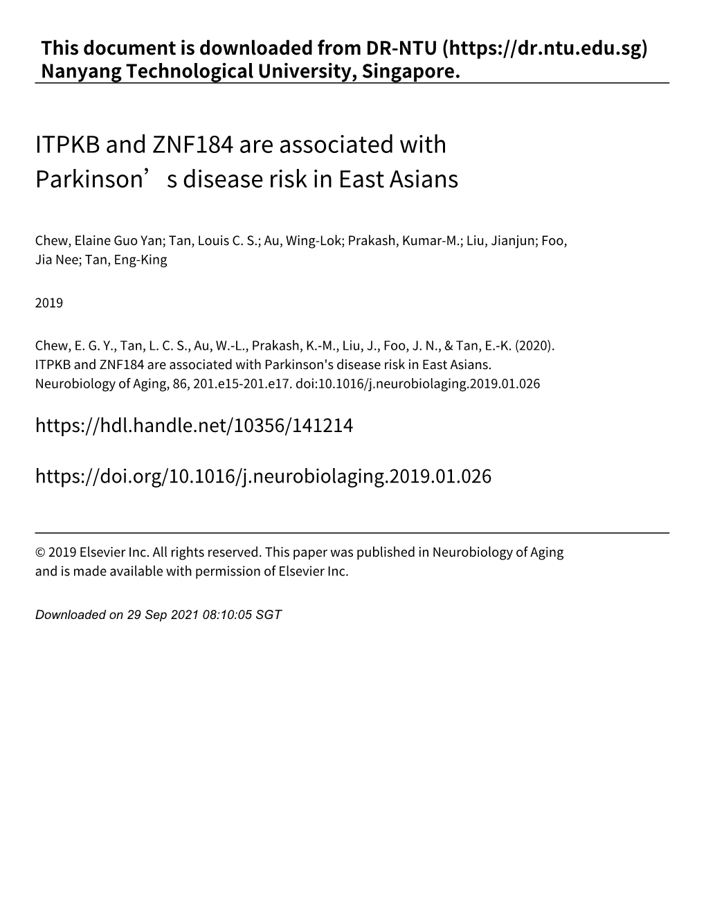 ITPKB and ZNF184 Are Associated with Parkinson's Disease Risk in East Asians