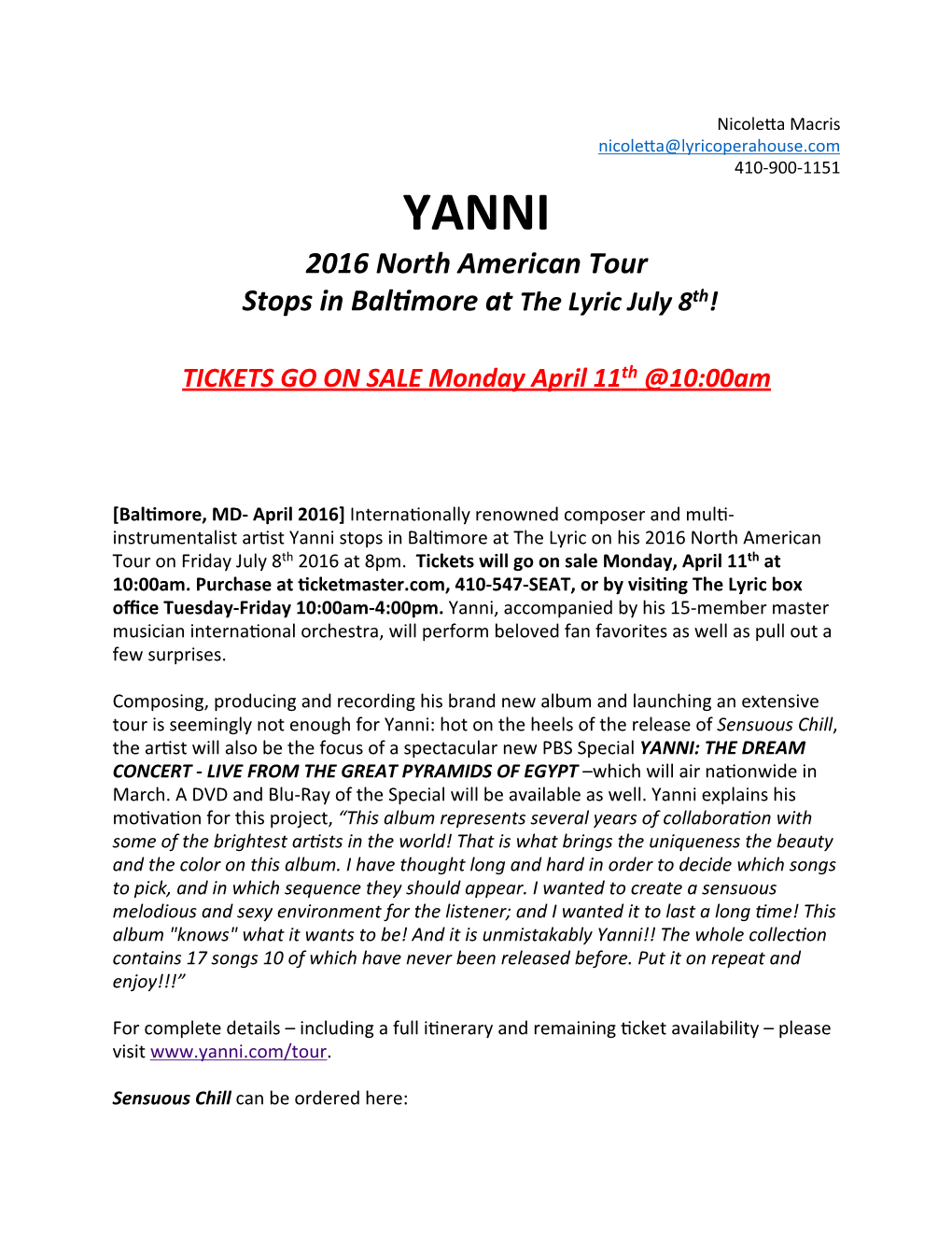 Yanni Press Release