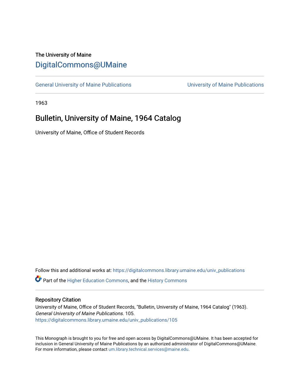 Bulletin, University of Maine, 1964 Catalog